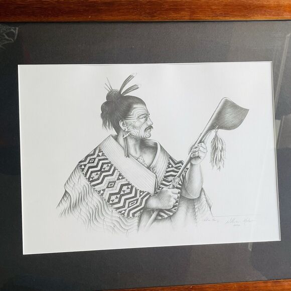 MAORI Warrior Man Framed Etching Tribal Tattoo Holding Taiaha By William Mahon ? - Picture 7 of 16